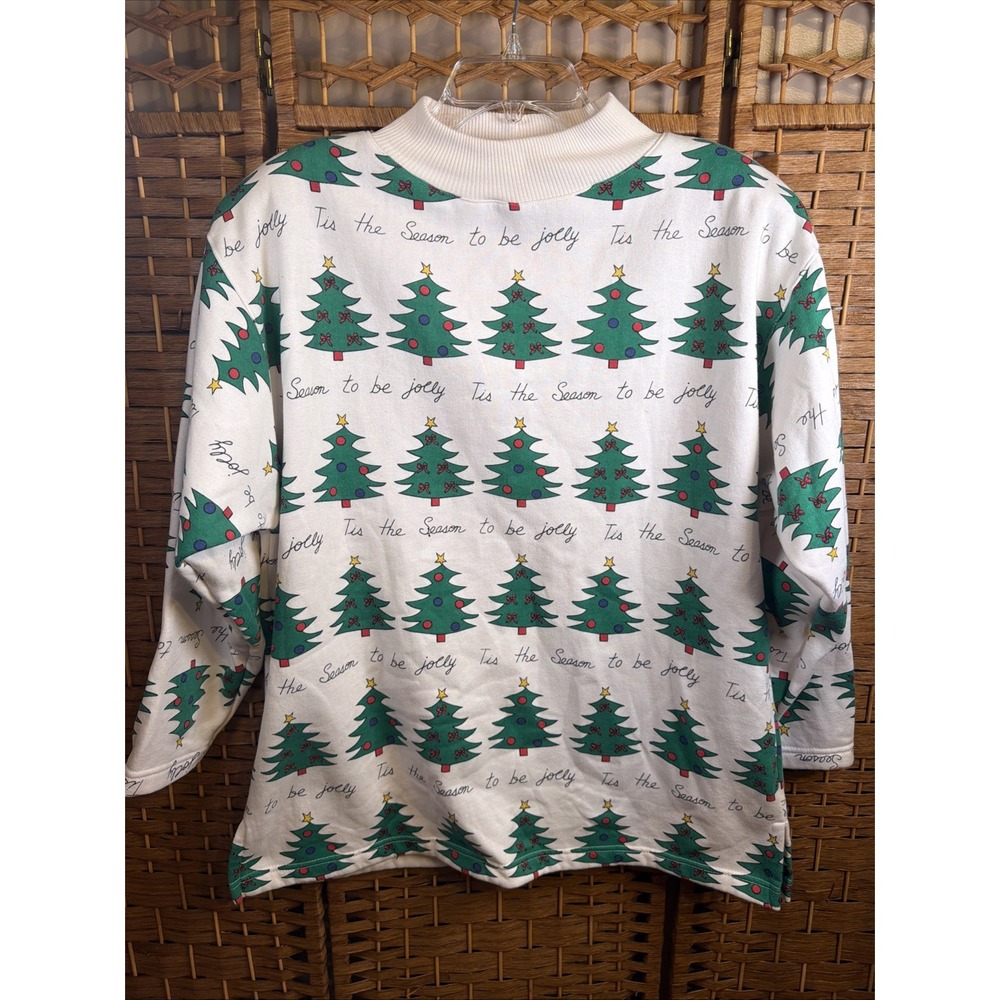 VTG Great Moves Large Christmas Sweatshirt Trees Script Txt Shoulder Pads